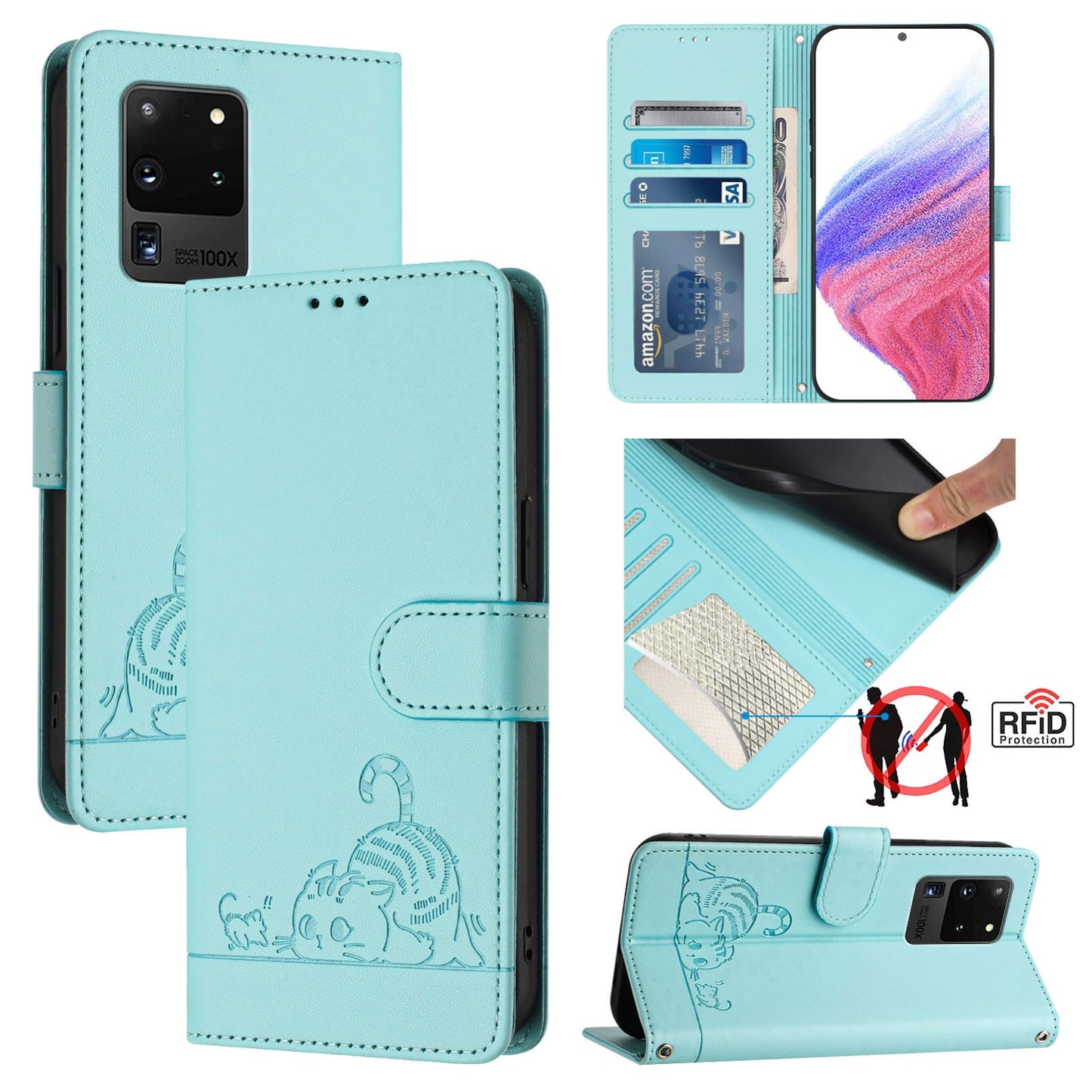 Samsung Galaxy Note 20 Ultra Cat and Mouse Embossed PU Leather RFID Case with Wallet Slots, Anti-Fall Protection, Kickstand, and Lanyard-buycases.co.uk