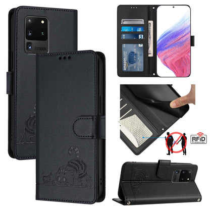Samsung Galaxy Note 20 Ultra Cat and Mouse Embossed PU Leather RFID Case with Wallet Slots, Anti-Fall Protection, Kickstand, and Lanyard-buycases.co.uk