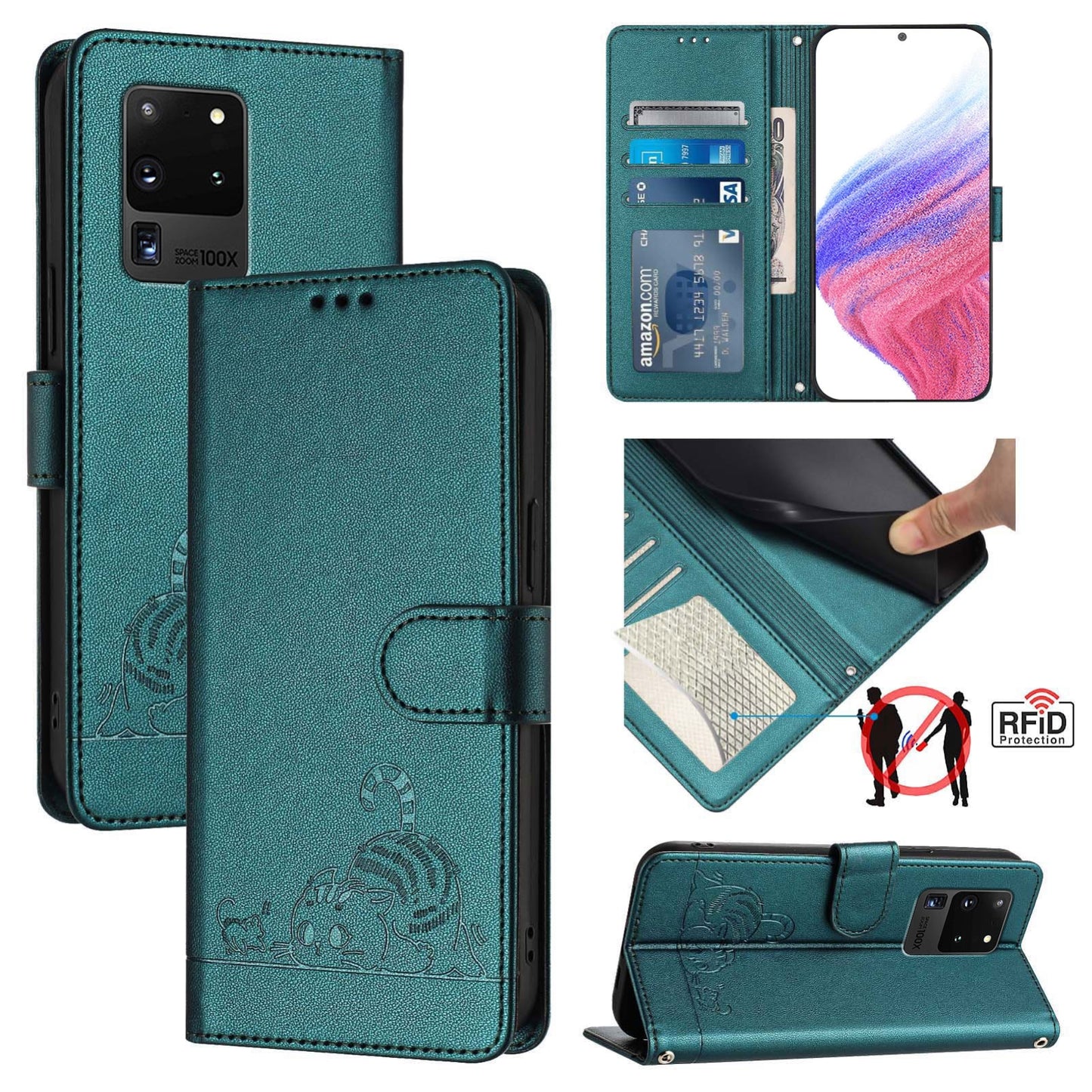 Samsung Galaxy Note 20 Ultra Cat and Mouse Embossed PU Leather RFID Case with Wallet Slots, Anti-Fall Protection, Kickstand, and Lanyard-buycases.co.uk