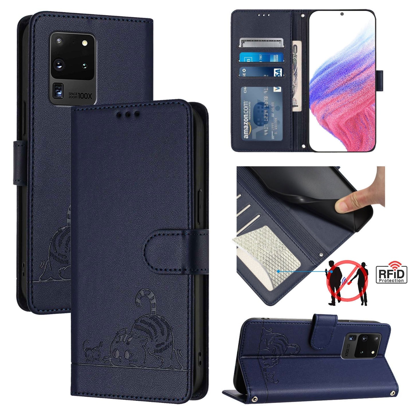 Samsung Galaxy Note 20 Ultra Cat and Mouse Embossed PU Leather RFID Case with Wallet Slots, Anti-Fall Protection, Kickstand, and Lanyard-buycases.co.uk