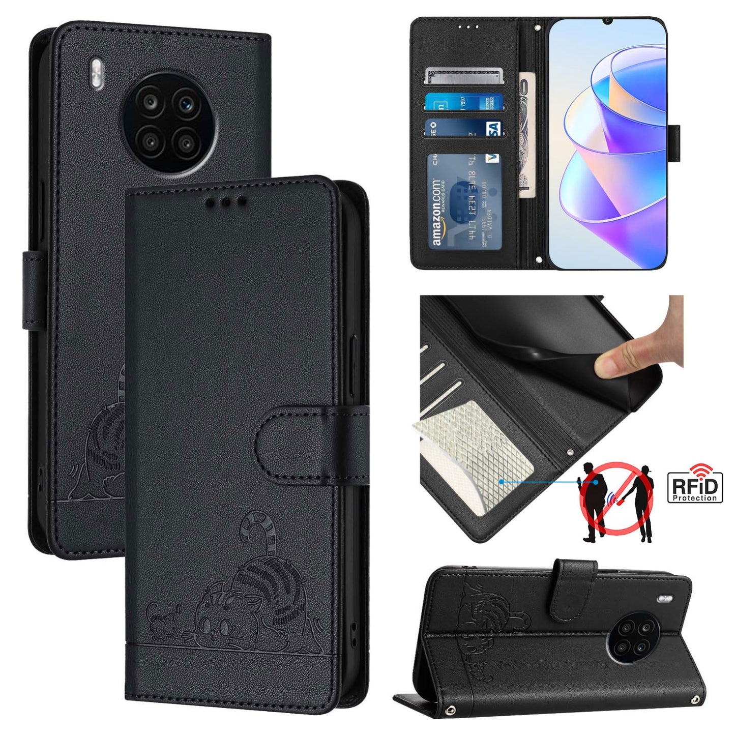 Honor 50 Lite Cat and Mouse Embossed PU Leather RFID Case with Wallet Slots, Anti-Fall Protection, Kickstand, and Lanyard-buycases.co.uk