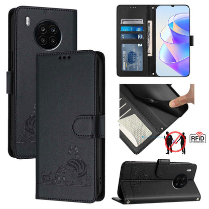 Honor 50 Lite Cat and Mouse Embossed PU Leather RFID Case with Wallet Slots, Anti-Fall Protection, Kickstand, and Lanyard-buycases.co.uk