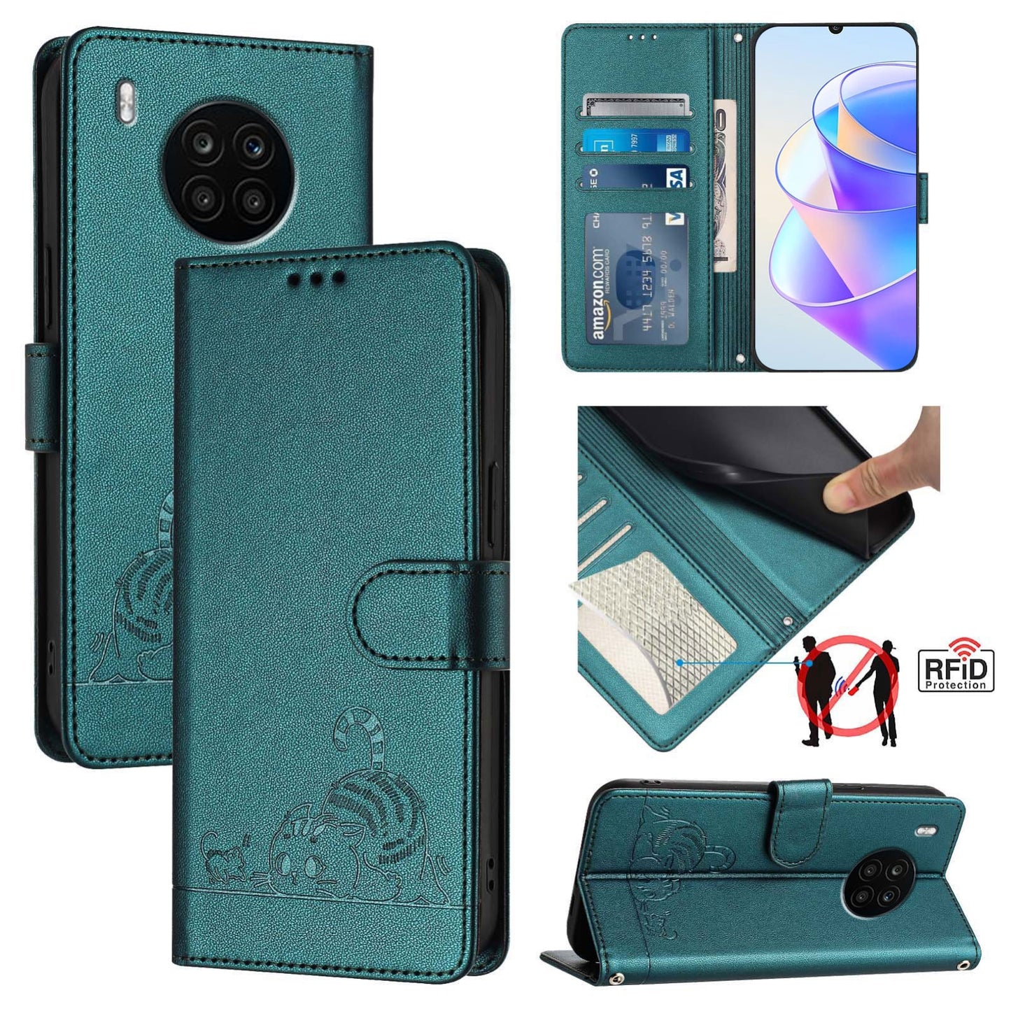 Honor 50 Lite Cat and Mouse Embossed PU Leather RFID Case with Wallet Slots, Anti-Fall Protection, Kickstand, and Lanyard-buycases.co.uk