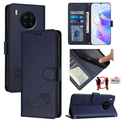 Honor 50 Lite Cat and Mouse Embossed PU Leather RFID Case with Wallet Slots, Anti-Fall Protection, Kickstand, and Lanyard-buycases.co.uk