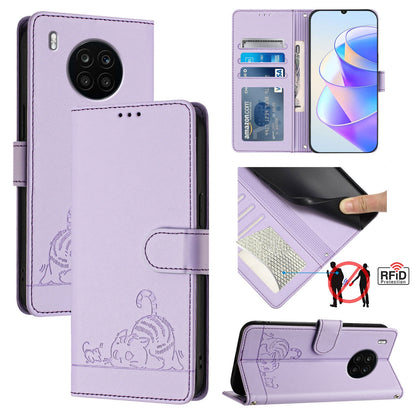 Honor 50 Lite Cat and Mouse Embossed PU Leather RFID Case with Wallet Slots, Anti-Fall Protection, Kickstand, and Lanyard-buycases.co.uk