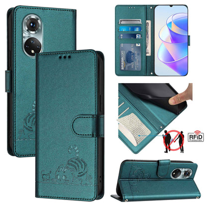 Honor 50 Pro Cat and Mouse Embossed PU Leather RFID Case with Wallet Slots, Anti-Fall Protection, Kickstand, and Lanyard-buycases.co.uk
