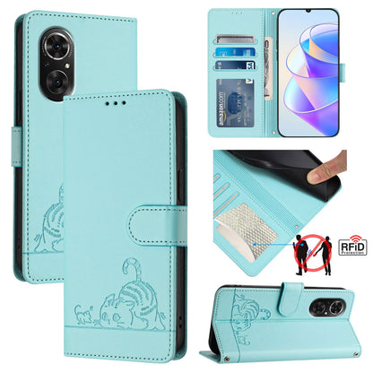 Honor 50 SE Cat and Mouse Embossed PU Leather RFID Case with Wallet Slots, Anti-Fall Protection, Kickstand, and Lanyard-buycases.co.uk