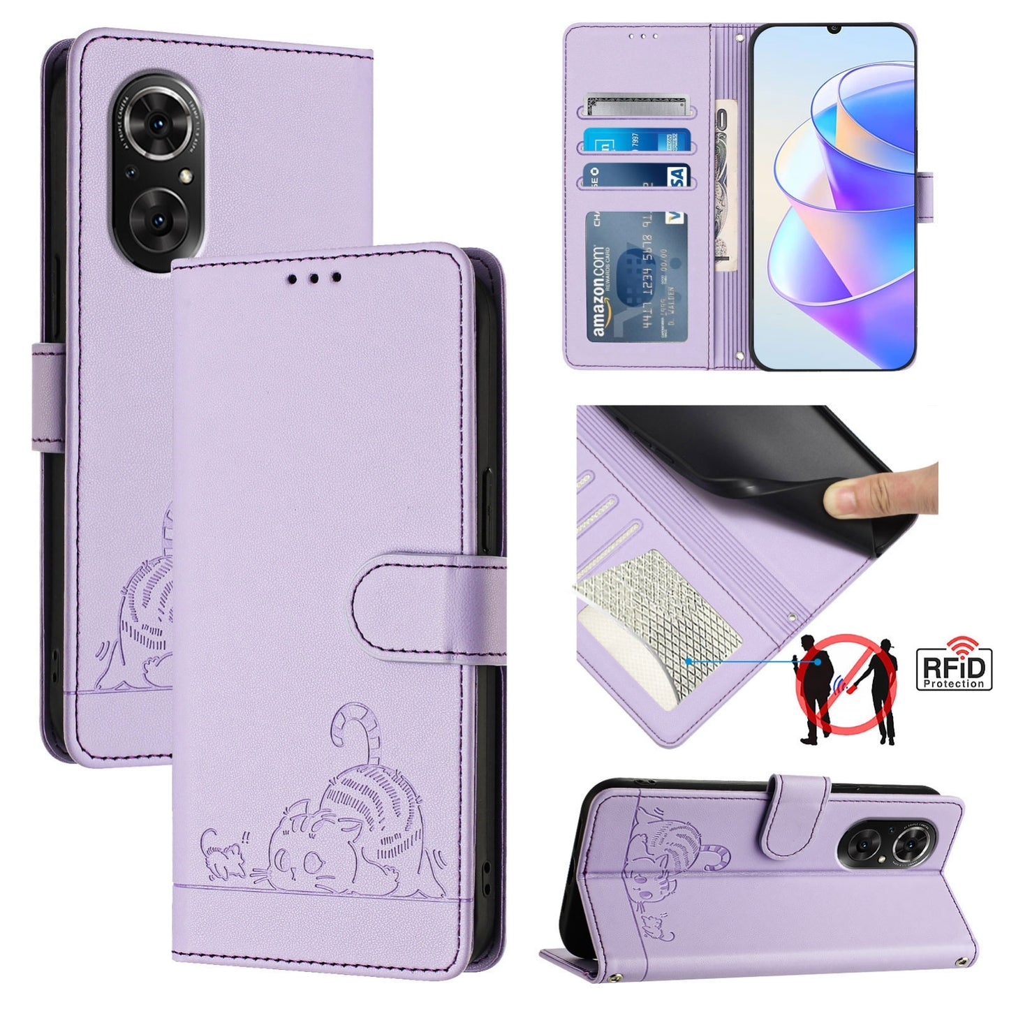Honor 50 SE Cat and Mouse Embossed PU Leather RFID Case with Wallet Slots, Anti-Fall Protection, Kickstand, and Lanyard-buycases.co.uk