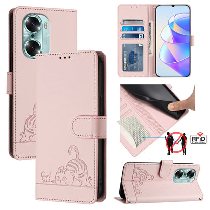 Honor 60 5G Cat and Mouse Embossed PU Leather RFID Case with Wallet Slots, Anti-Fall Protection, Kickstand, and Lanyard-buycases.co.uk