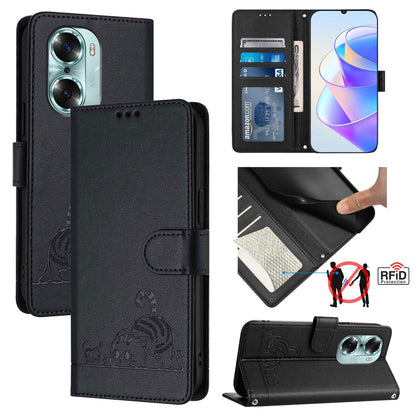 Honor 60 5G Cat and Mouse Embossed PU Leather RFID Case with Wallet Slots, Anti-Fall Protection, Kickstand, and Lanyard-buycases.co.uk