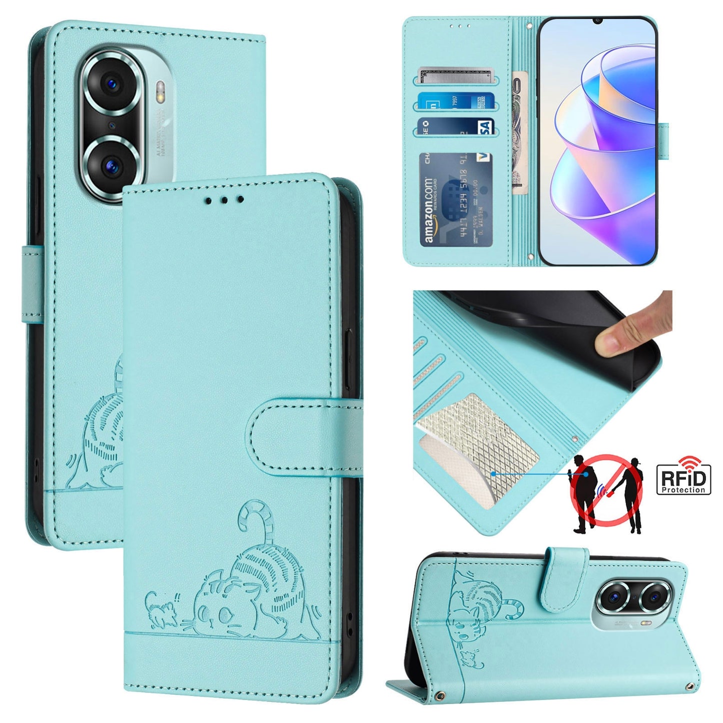 Honor 60 Pro 5G Cat and Mouse Embossed PU Leather RFID Case with Wallet Slots, Anti-Fall Protection, Kickstand, and Lanyard-buycases.co.uk