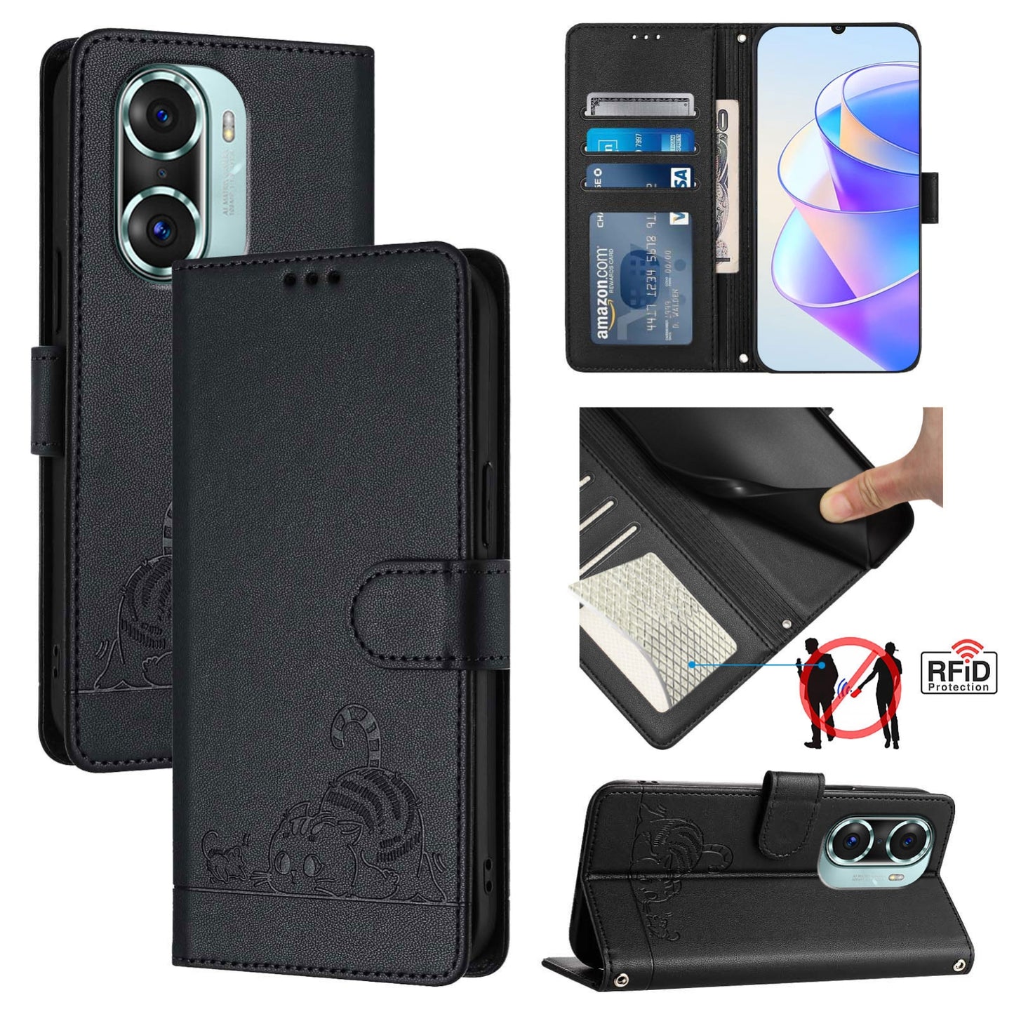 Honor 60 Pro 5G Cat and Mouse Embossed PU Leather RFID Case with Wallet Slots, Anti-Fall Protection, Kickstand, and Lanyard-buycases.co.uk