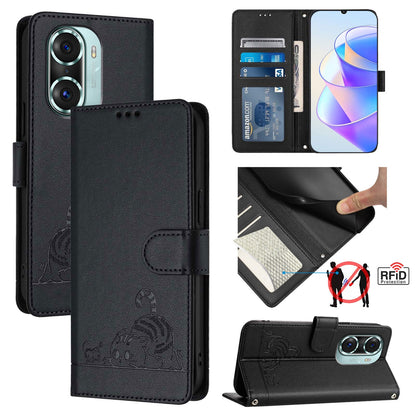 Honor 60 Pro 5G Cat and Mouse Embossed PU Leather RFID Case with Wallet Slots, Anti-Fall Protection, Kickstand, and Lanyard-buycases.co.uk