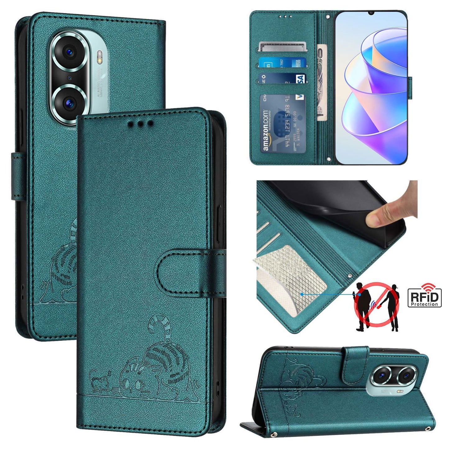 Honor 60 Pro 5G Cat and Mouse Embossed PU Leather RFID Case with Wallet Slots, Anti-Fall Protection, Kickstand, and Lanyard-buycases.co.uk