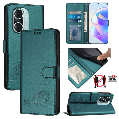 Honor 60 Pro 5G Cat and Mouse Embossed PU Leather RFID Case with Wallet Slots, Anti-Fall Protection, Kickstand, and Lanyard-buycases.co.uk