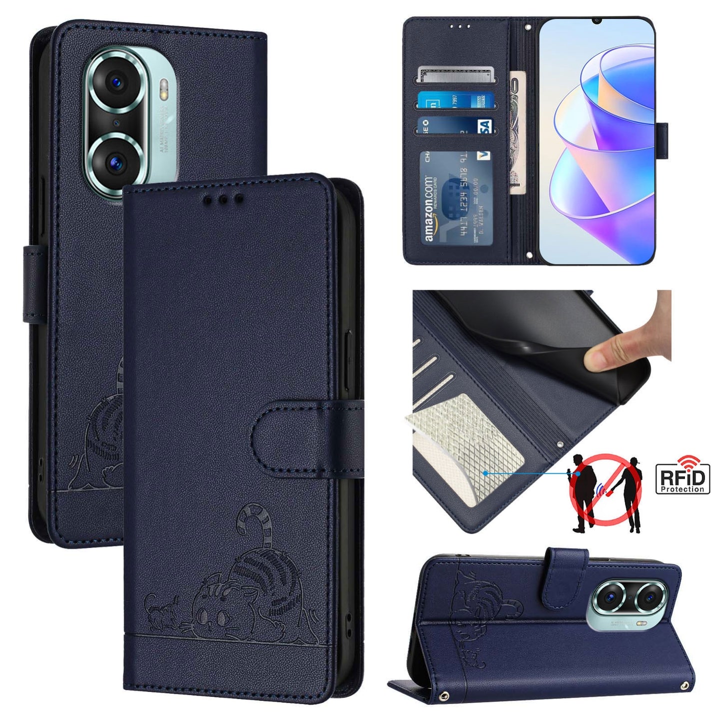 Honor 60 Pro 5G Cat and Mouse Embossed PU Leather RFID Case with Wallet Slots, Anti-Fall Protection, Kickstand, and Lanyard-buycases.co.uk