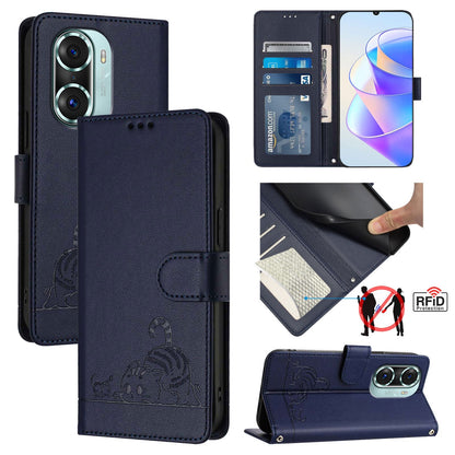 Honor 60 Pro 5G Cat and Mouse Embossed PU Leather RFID Case with Wallet Slots, Anti-Fall Protection, Kickstand, and Lanyard-buycases.co.uk