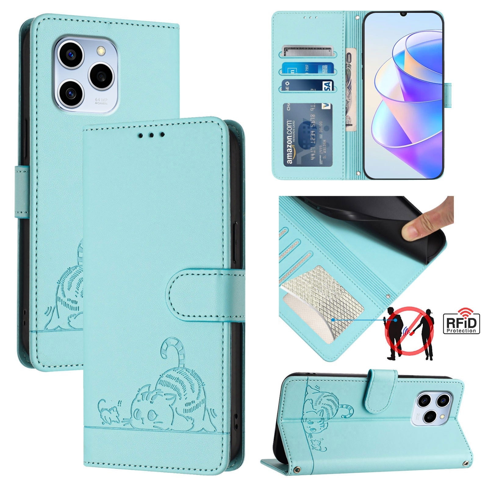 Honor 60 SE 5G Cat and Mouse Embossed PU Leather RFID Case with Wallet Slots, Anti-Fall Protection, Kickstand, and Lanyard-buycases.co.uk