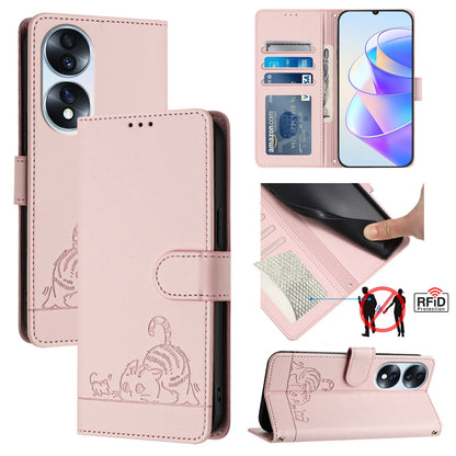 Honor 70 5G Cat and Mouse Embossed PU Leather RFID Case with Wallet Slots, Anti-Fall Protection, Kickstand, and Lanyard-buycases.co.uk