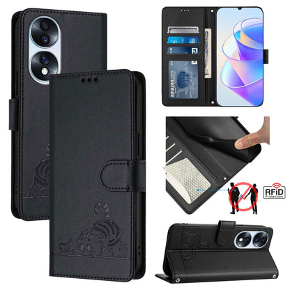 Honor 70 5G Cat and Mouse Embossed PU Leather RFID Case with Wallet Slots, Anti-Fall Protection, Kickstand, and Lanyard-buycases.co.uk