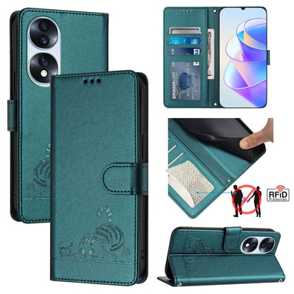 Honor 70 5G Cat and Mouse Embossed PU Leather RFID Case with Wallet Slots, Anti-Fall Protection, Kickstand, and Lanyard-buycases.co.uk