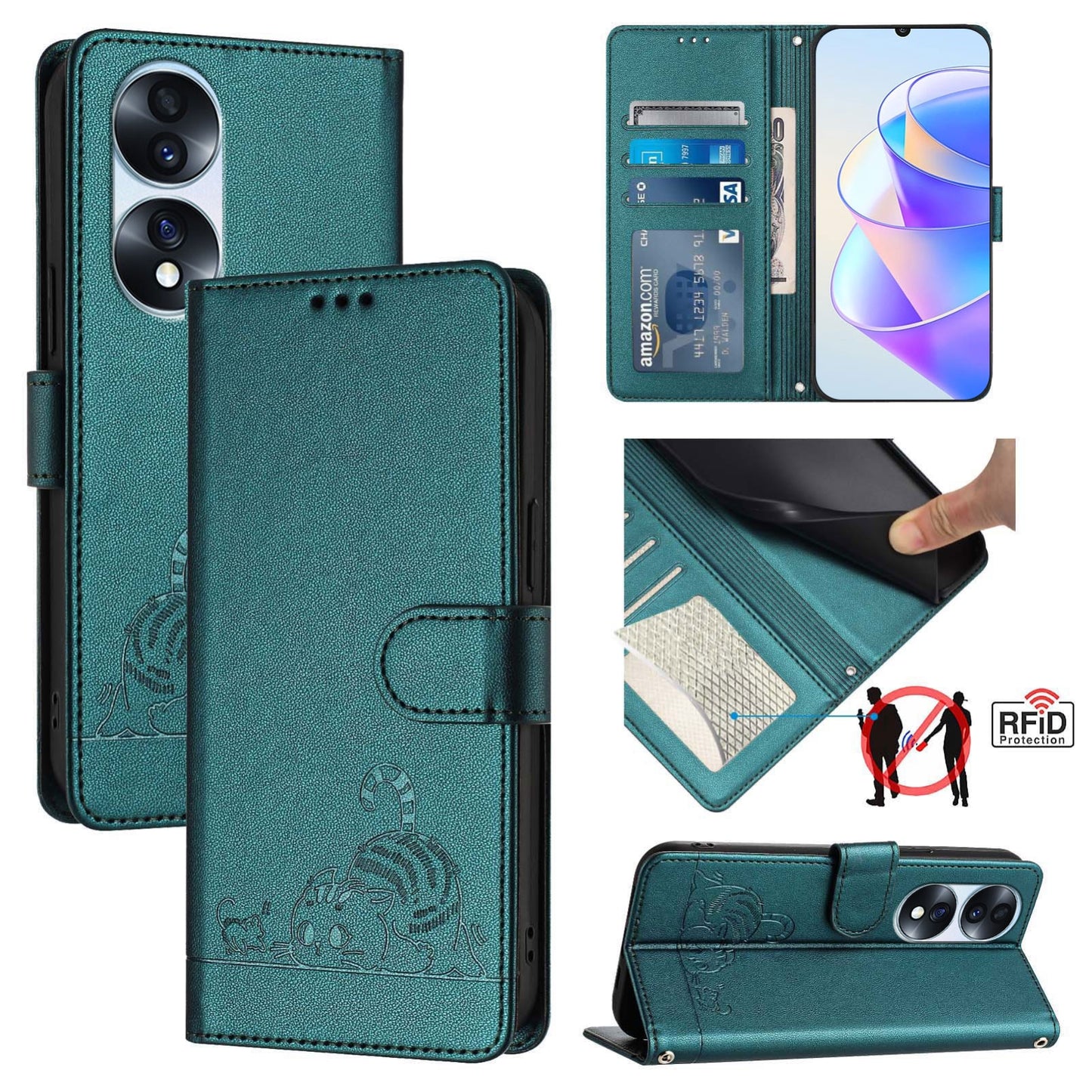 Honor 70 Pro 5G Cat and Mouse Embossed PU Leather RFID Case with Wallet Slots, Anti-Fall Protection, Kickstand, and Lanyard-buycases.co.uk