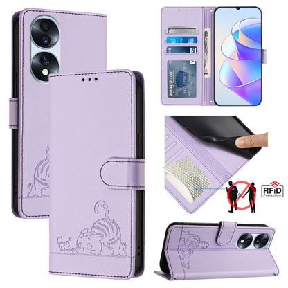 Honor 70 Pro 5G Cat and Mouse Embossed PU Leather RFID Case with Wallet Slots, Anti-Fall Protection, Kickstand, and Lanyard-buycases.co.uk