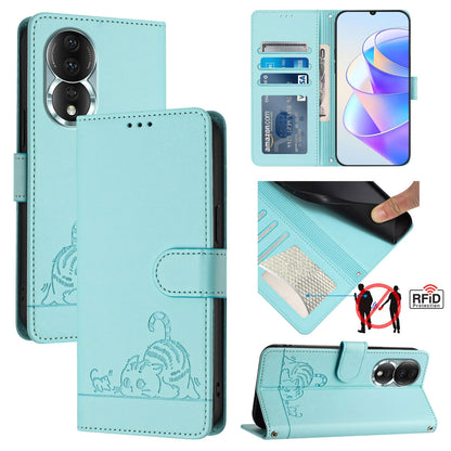 Honor 80 5G Cat and Mouse Embossed PU Leather RFID Case with Wallet Slots, Anti-Fall Protection, Kickstand, and Lanyard-buycases.co.uk