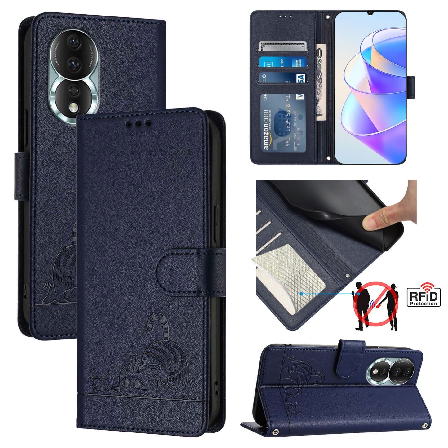 Honor 80 5G Cat and Mouse Embossed PU Leather RFID Case with Wallet Slots, Anti-Fall Protection, Kickstand, and Lanyard-buycases.co.uk