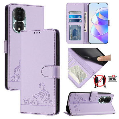 Honor 80 5G Cat and Mouse Embossed PU Leather RFID Case with Wallet Slots, Anti-Fall Protection, Kickstand, and Lanyard-buycases.co.uk