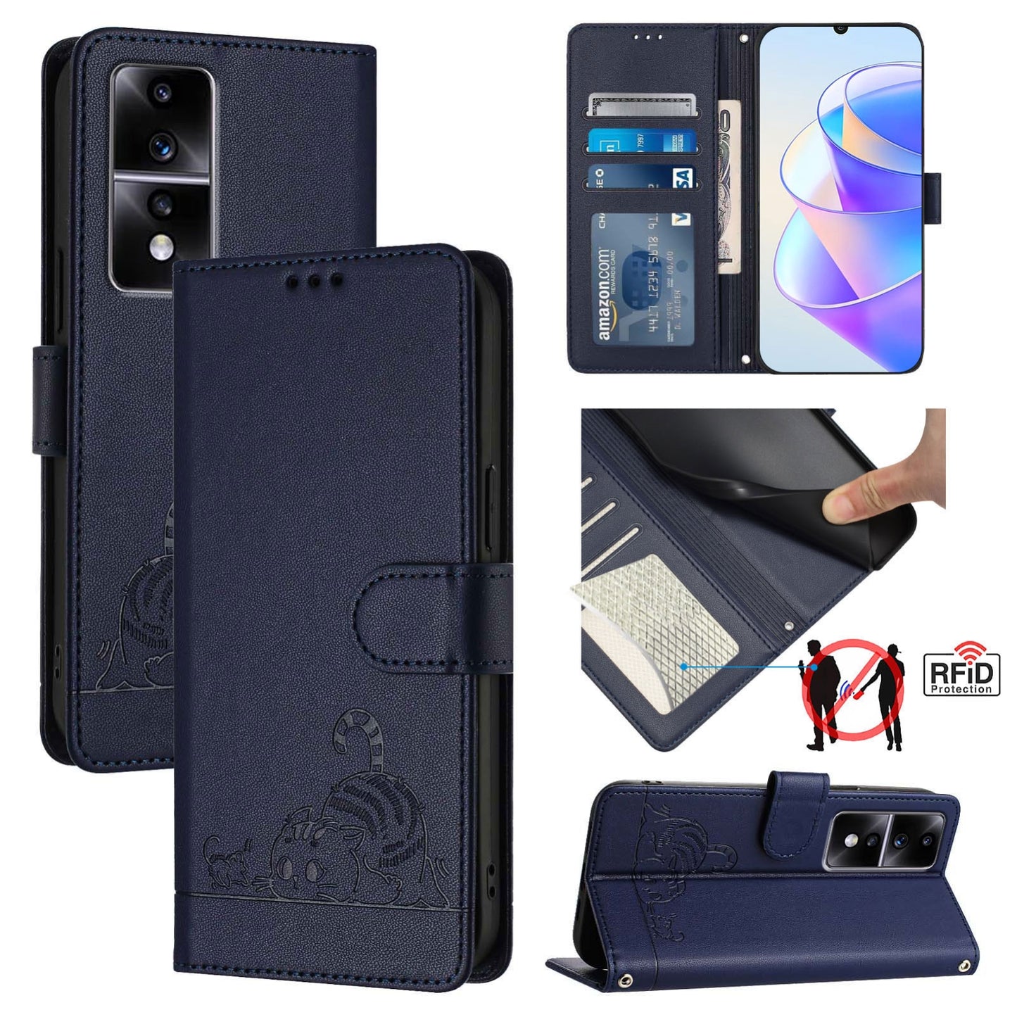 Honor 80 GT 5G Cat and Mouse Embossed PU Leather RFID Case with Wallet Slots, Anti-Fall Protection, Kickstand, and Lanyard-buycases.co.uk