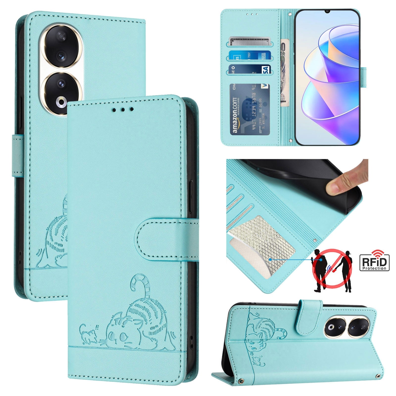 Honor 90 5G Cat and Mouse Embossed PU Leather RFID Case with Wallet Slots, Anti-Fall Protection, Kickstand, and Lanyard-buycases.co.uk