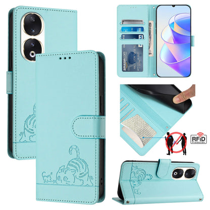 Honor 90 5G Cat and Mouse Embossed PU Leather RFID Case with Wallet Slots, Anti-Fall Protection, Kickstand, and Lanyard-buycases.co.uk