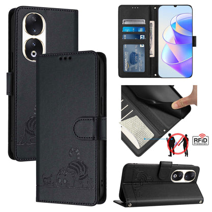 Honor 90 5G Cat and Mouse Embossed PU Leather RFID Case with Wallet Slots, Anti-Fall Protection, Kickstand, and Lanyard-buycases.co.uk