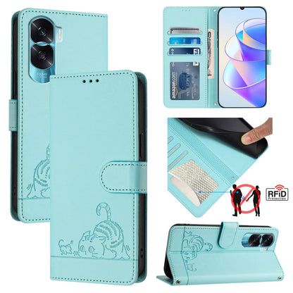 Honor X50i 5G Cat and Mouse Embossed PU Leather RFID Case with Wallet Slots, Anti-Fall Protection, Kickstand, and Lanyard-buycases.co.uk
