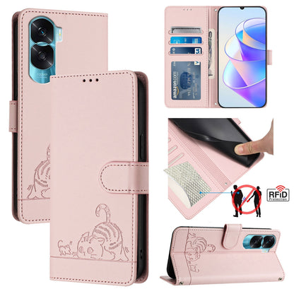 Honor 90 Lite 5G Cat and Mouse Embossed PU Leather RFID Case with Wallet Slots, Anti-Fall Protection, Kickstand, and Lanyard-buycases.co.uk