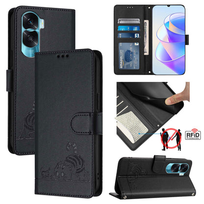 Honor 90 Lite 5G Cat and Mouse Embossed PU Leather RFID Case with Wallet Slots, Anti-Fall Protection, Kickstand, and Lanyard-buycases.co.uk
