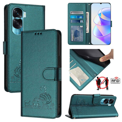 Honor 90 Lite 5G Cat and Mouse Embossed PU Leather RFID Case with Wallet Slots, Anti-Fall Protection, Kickstand, and Lanyard-buycases.co.uk
