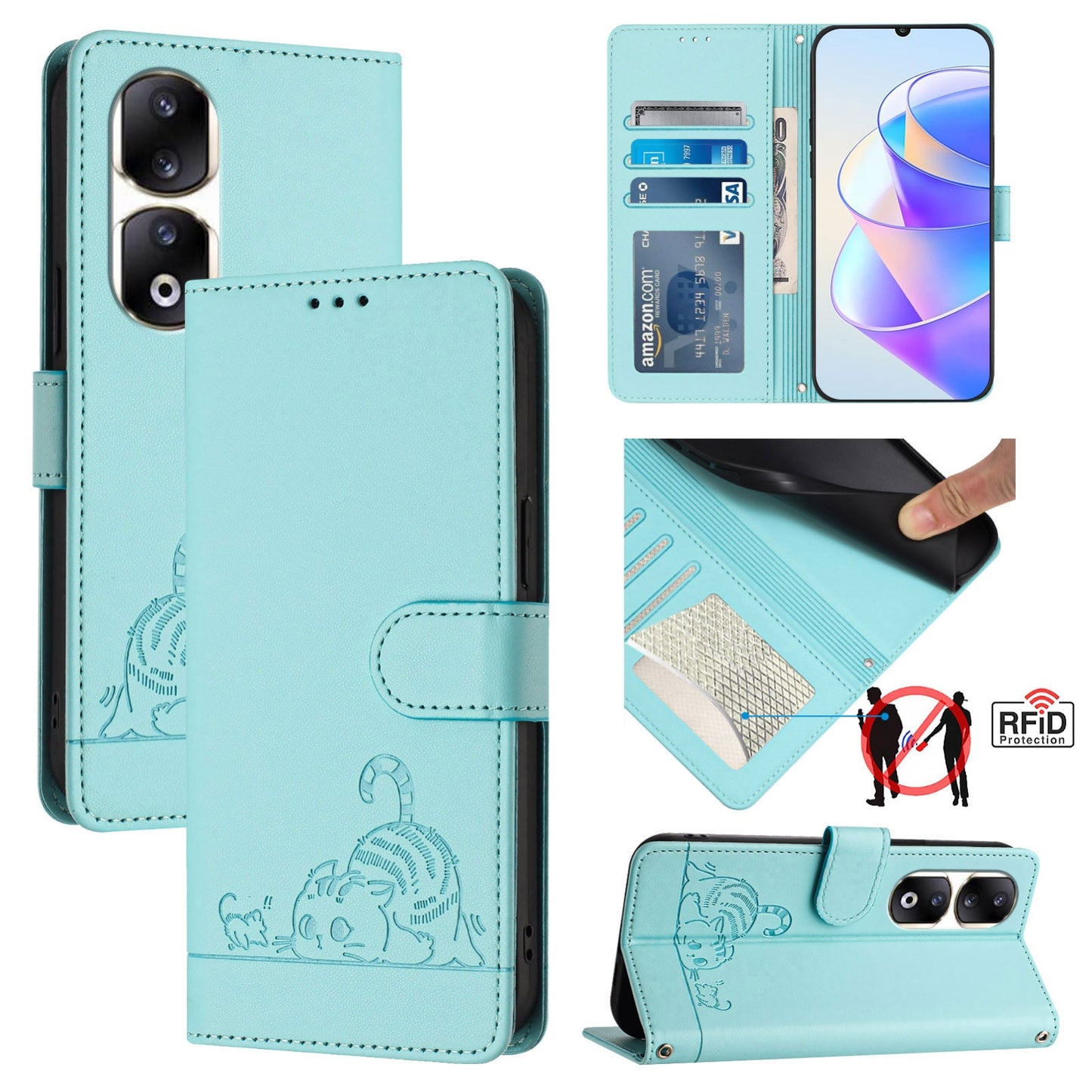 Honor 90 Pro 5G Cat and Mouse Embossed PU Leather RFID Case with Wallet Slots, Anti-Fall Protection, Kickstand, and Lanyard-buycases.co.uk