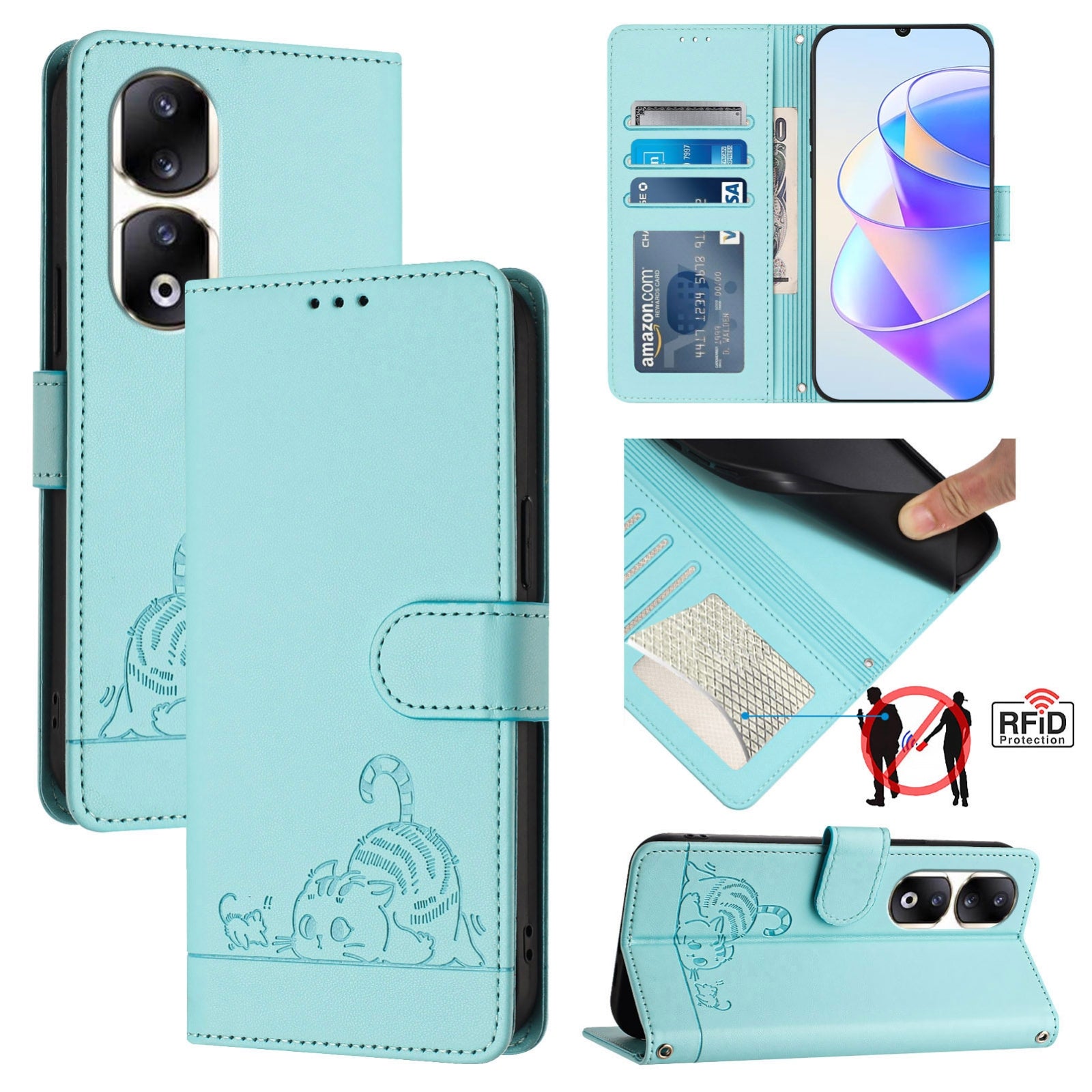 Honor 90 Pro 5G Cat and Mouse Embossed PU Leather RFID Case with Wallet Slots, Anti-Fall Protection, Kickstand, and Lanyard-buycases.co.uk