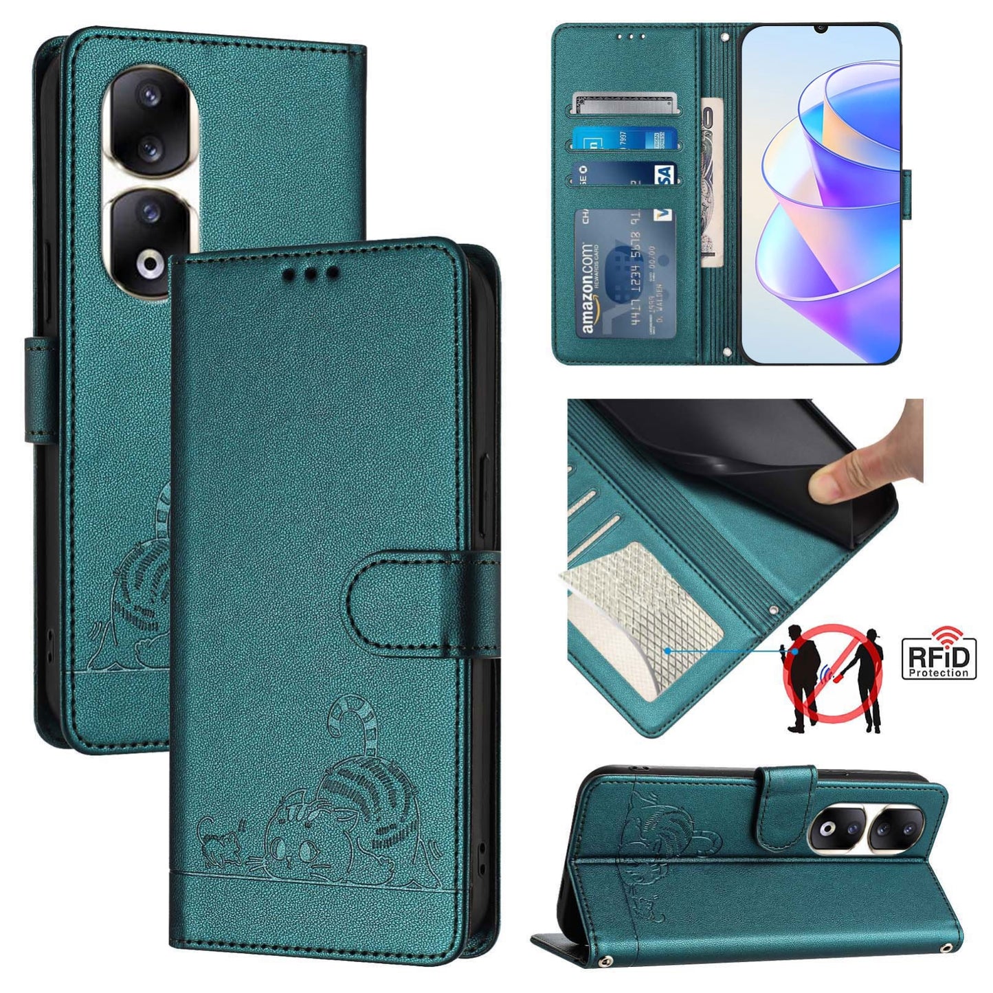 Honor 90 Pro 5G Cat and Mouse Embossed PU Leather RFID Case with Wallet Slots, Anti-Fall Protection, Kickstand, and Lanyard-buycases.co.uk
