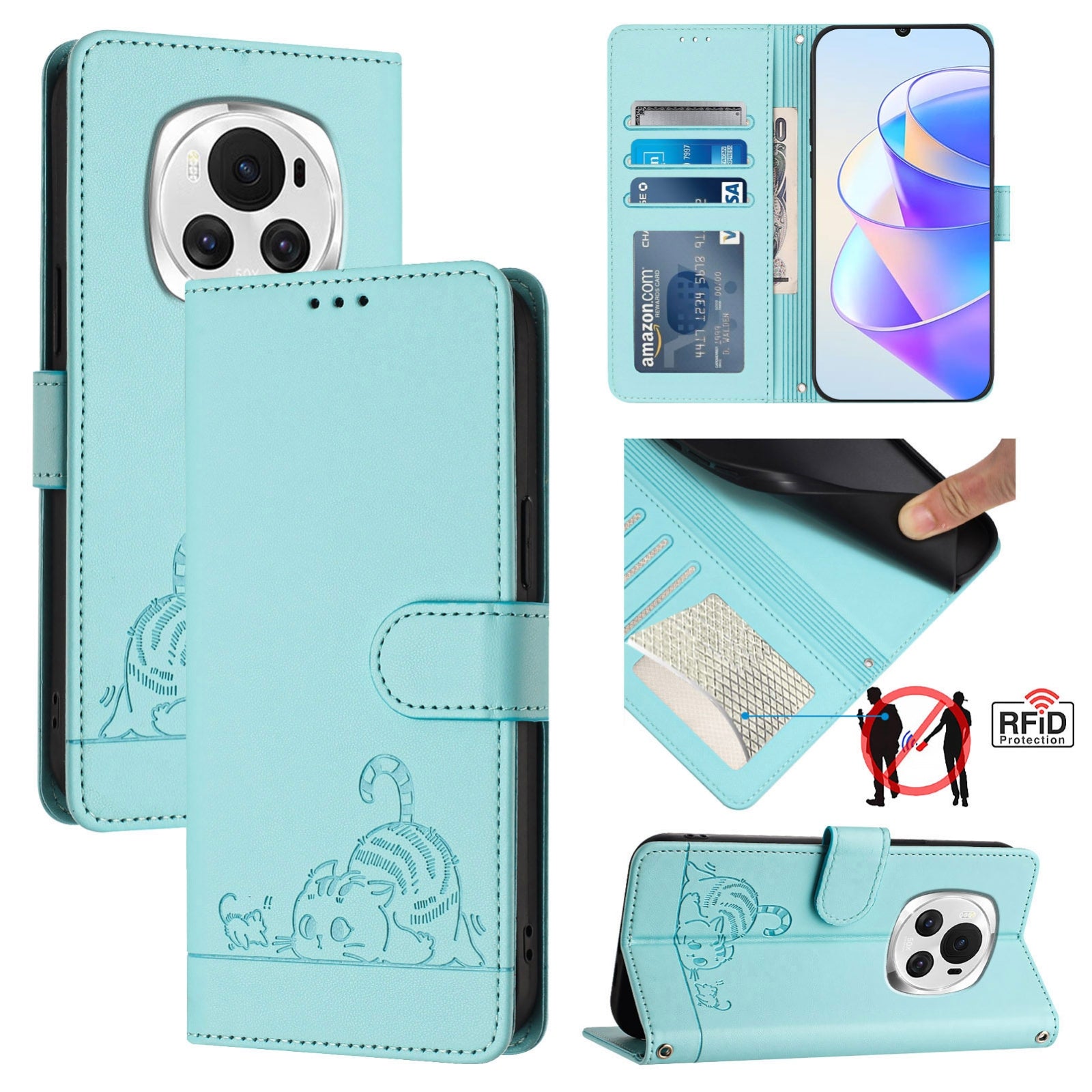 Honor Magic6 5G Global Cat and Mouse Embossed PU Leather RFID Case with Wallet Slots, Anti-Fall Protection, Kickstand, and Lanyard-buycases.co.uk