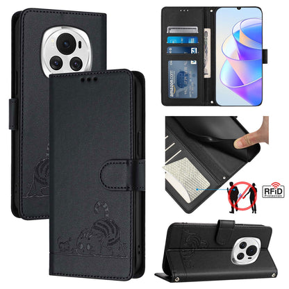 Honor Magic6 5G Global Cat and Mouse Embossed PU Leather RFID Case with Wallet Slots, Anti-Fall Protection, Kickstand, and Lanyard-buycases.co.uk