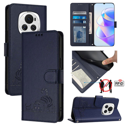 Honor Magic6 5G Global Cat and Mouse Embossed PU Leather RFID Case with Wallet Slots, Anti-Fall Protection, Kickstand, and Lanyard-buycases.co.uk