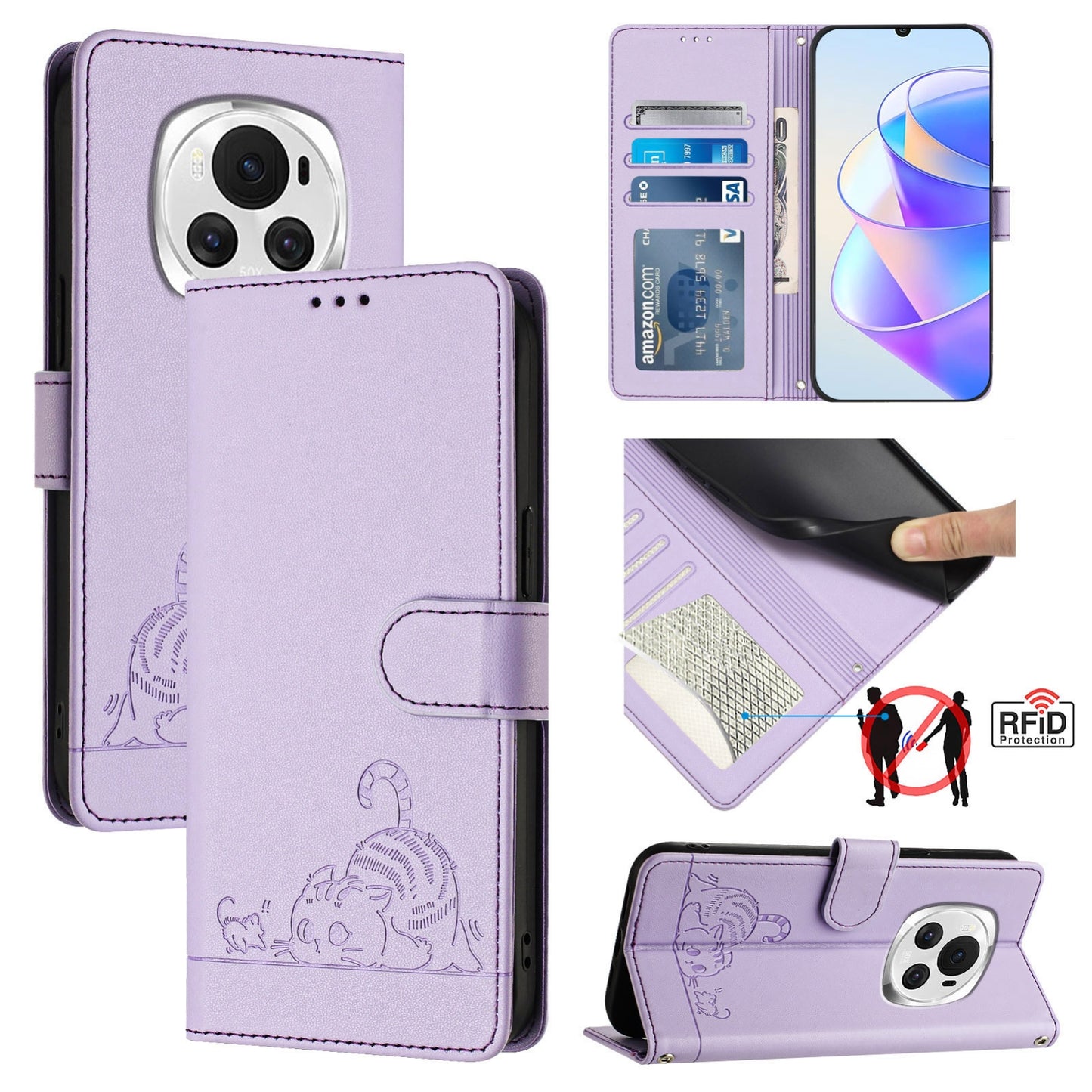 Honor Magic6 5G Global Cat and Mouse Embossed PU Leather RFID Case with Wallet Slots, Anti-Fall Protection, Kickstand, and Lanyard-buycases.co.uk
