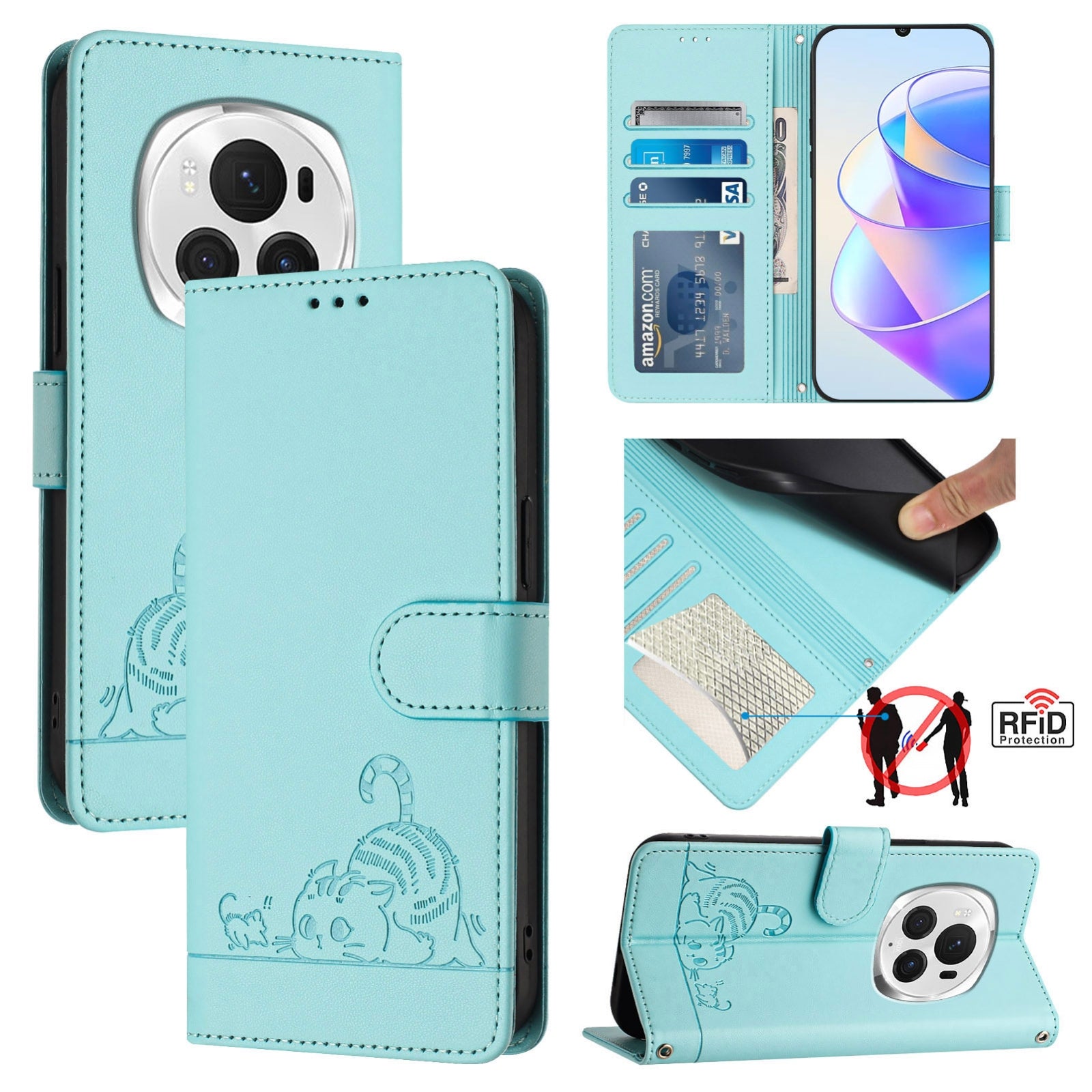 Honor Magic6 Pro 5G Global Cat and Mouse Embossed PU Leather RFID Case with Wallet Slots, Anti-Fall Protection, Kickstand, and Lanyard-buycases.co.uk