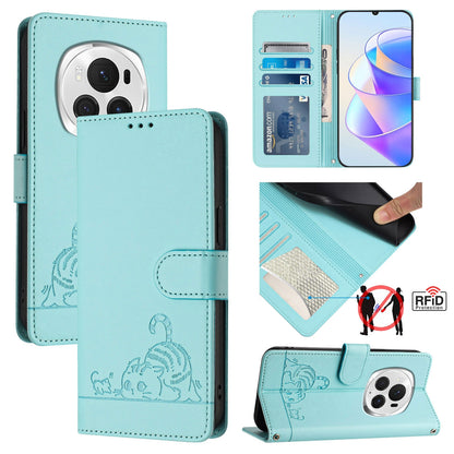 Honor Magic6 Pro 5G Global Cat and Mouse Embossed PU Leather RFID Case with Wallet Slots, Anti-Fall Protection, Kickstand, and Lanyard-buycases.co.uk