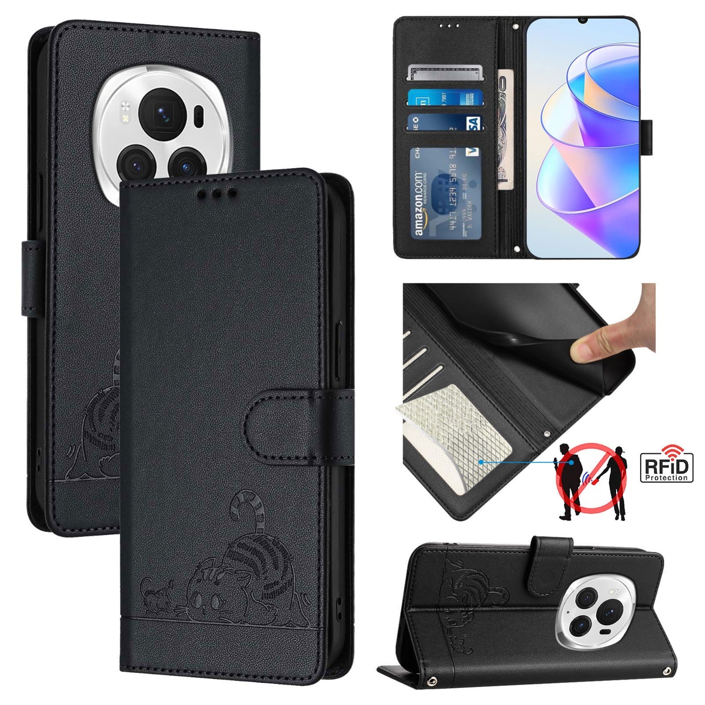 Honor Magic6 Pro 5G Global Cat and Mouse Embossed PU Leather RFID Case with Wallet Slots, Anti-Fall Protection, Kickstand, and Lanyard-buycases.co.uk