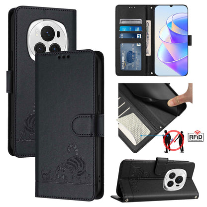 Honor Magic6 Pro 5G Global Cat and Mouse Embossed PU Leather RFID Case with Wallet Slots, Anti-Fall Protection, Kickstand, and Lanyard-buycases.co.uk