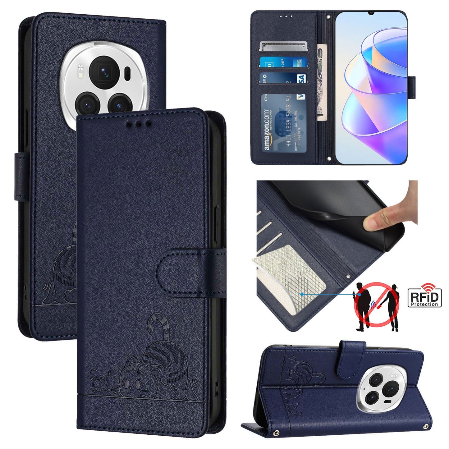 Honor Magic6 Pro 5G Global Cat and Mouse Embossed PU Leather RFID Case with Wallet Slots, Anti-Fall Protection, Kickstand, and Lanyard-buycases.co.uk